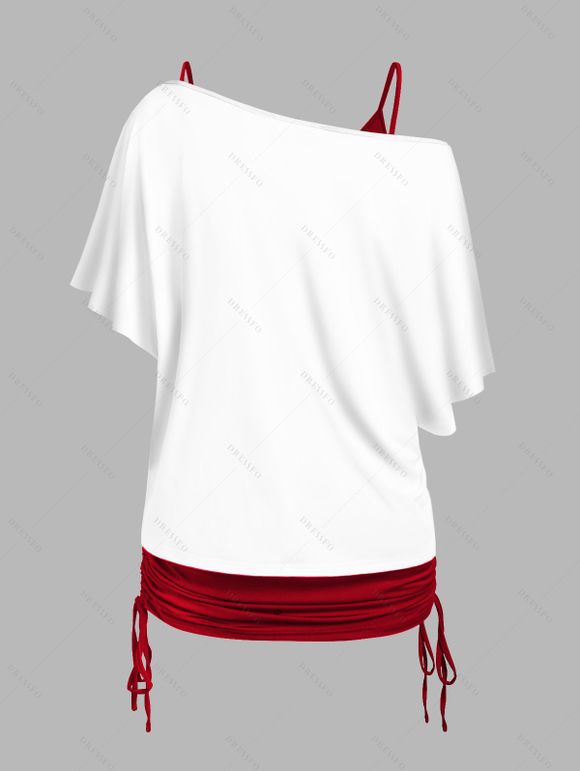 Ensemble de T-shirt Motif D'Aigle et de Drapeau Américain en Couleur Unie à Col Oblique Deux Pièces - Rouge L | US 8