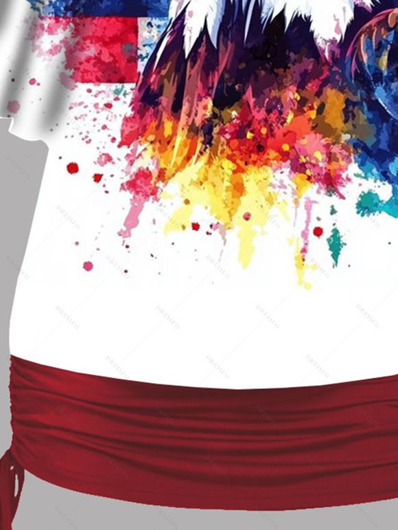 Ensemble de T-shirt Motif D'Aigle et de Drapeau Américain en Couleur Unie à Col Oblique Deux Pièces - Rouge L | US 8