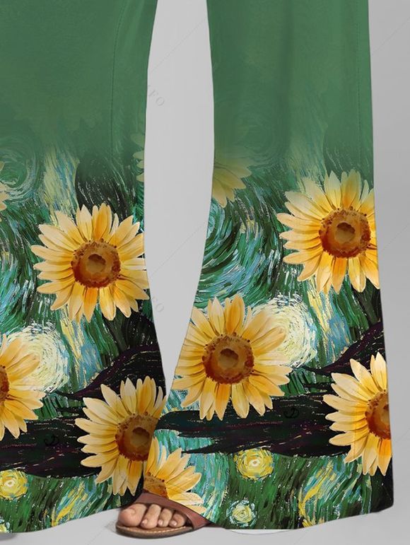 Pantalon de Vacances Long Motif de Tournesol Boutonée à Taille Haute - Vert profond XL | US 12