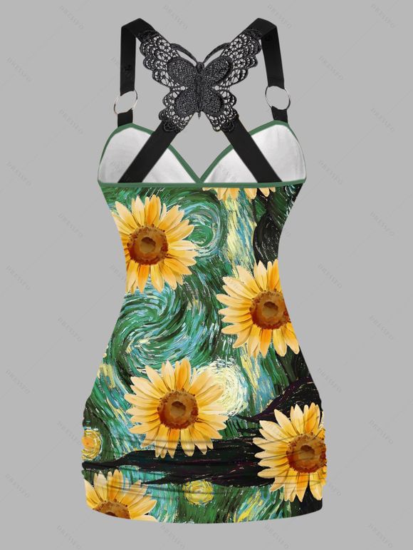 Vacation Couple Outfit Van Gogh Sunflower Pattern Swirl Oil Painting Butterfly Lace Surplice Long Tank Top and Wide Leg Pants and Roll Up Shirt Matching Outfit - Vert profond S | US 4