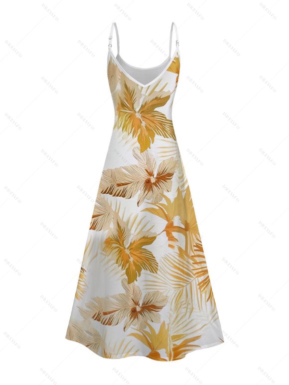 Vacation Outfit Tropical Leaf Floral Pattern Spaghetti Strap Pocket A Line Dress and Hollow Out Layer Flower Earrings Necklace Set Braid Chunky Heel Sandals Set - Deep Yellow S | US 4