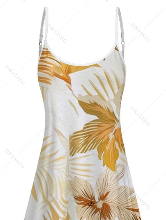Vacation Outfit Tropical Leaf Floral Pattern Spaghetti Strap Pocket A Line Dress and Hollow Out Layer Flower Earrings Necklace Set Braid Chunky Heel Sandals Set - Deep Yellow S | US 4