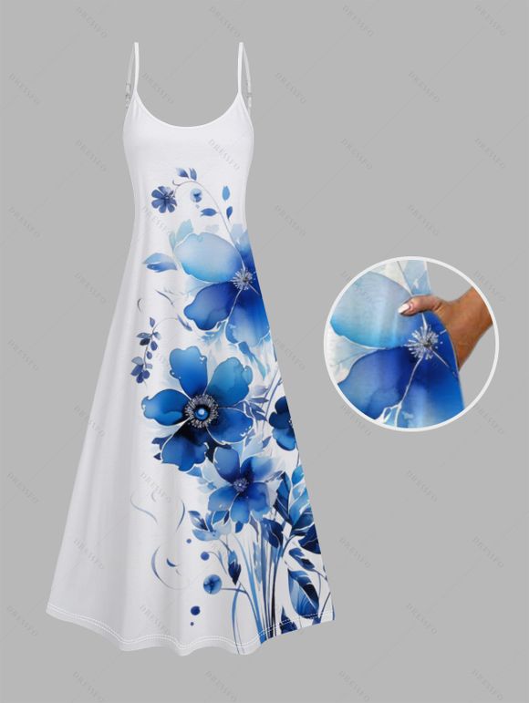 Vacation Outfit Watercolor Leaf Floral Print Spaghetti Strap Pocket Long Dress and Flower Shaped Stud Earrings Braid Chunky Heel Sandals Set - Bleu S | US 4