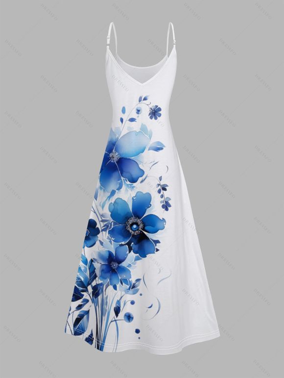 Vacation Outfit Watercolor Leaf Floral Print Spaghetti Strap Pocket Long Dress and Flower Shaped Stud Earrings Braid Chunky Heel Sandals Set - Bleu S | US 4