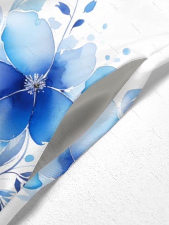 Vacation Outfit Watercolor Leaf Floral Print Spaghetti Strap Pocket Long Dress and Flower Shaped Stud Earrings Braid Chunky Heel Sandals Set - Bleu S | US 4