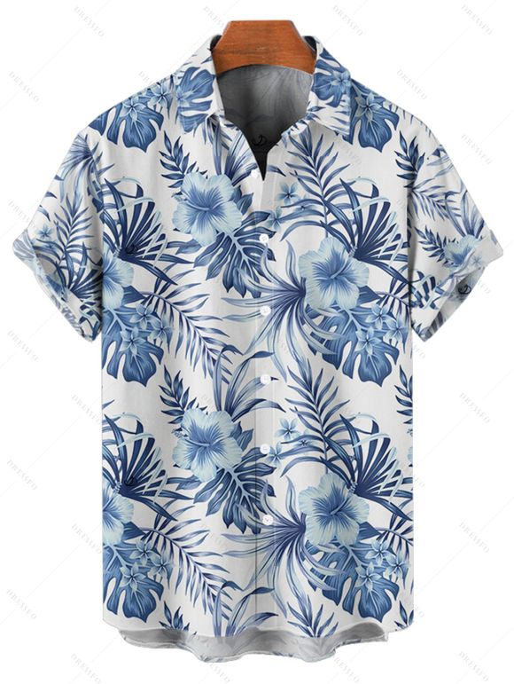 Vacation Couple Outfit Tropical Flower Leaf Print Belted Mini Dress and Roll Up Sleeve Shirt Solid Color Drawstring Waist Shorts Matching Outfit - Bleu profond S | US 4