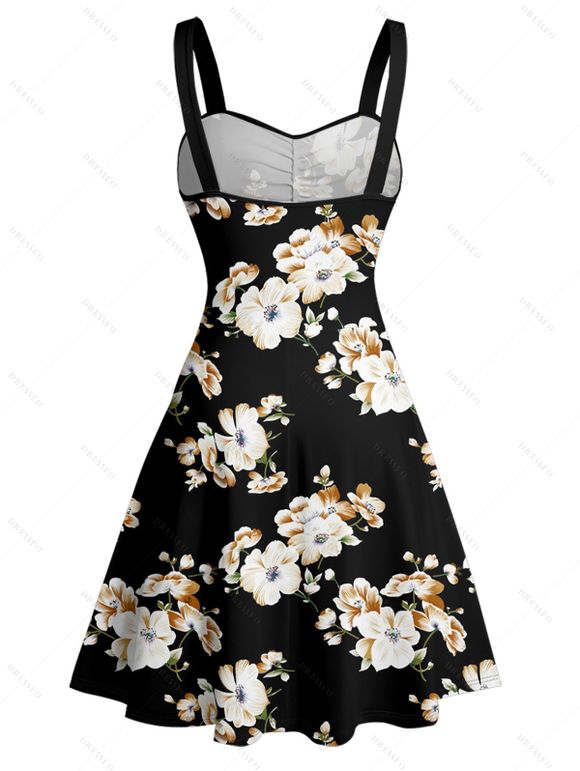 Mini Robe de Vacances Ligne A Fleurie Imprimée Ceinturée Au Poitrine - Noir XXXL | US 16