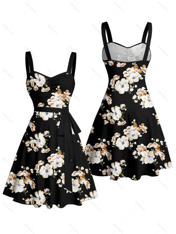Mini Robe de Vacances Ligne A Fleurie Imprimée Ceinturée Au Poitrine - Noir XXXL | US 16