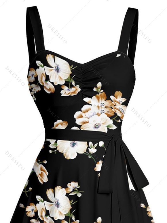 Mini Robe de Vacances Ligne A Fleurie Imprimée Ceinturée Au Poitrine - Noir XXXL | US 16