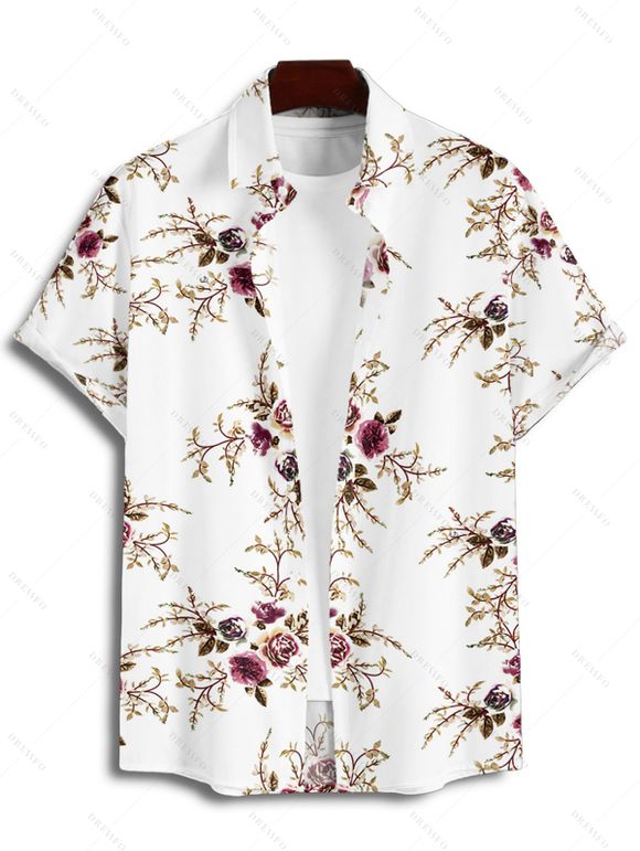 Chemise Décontractée Motif de Feuille et de Fleur à Manches Roulées Boutonnée pour Homme - Blanc 3XL