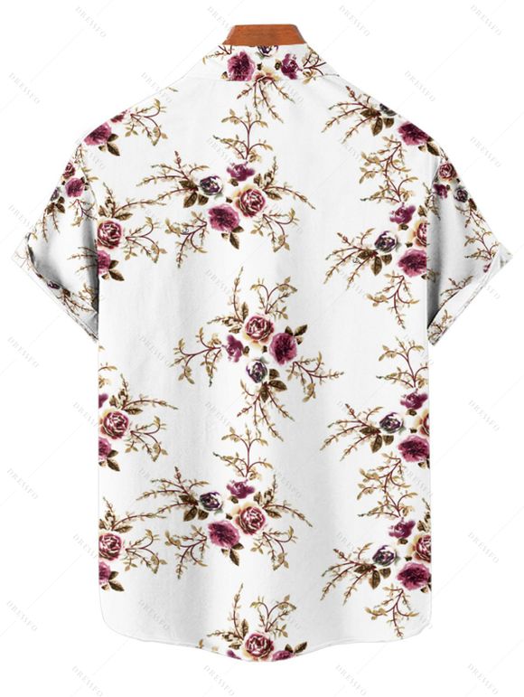 Chemise Décontractée Motif de Feuille et de Fleur à Manches Roulées Boutonnée pour Homme - Blanc 3XL