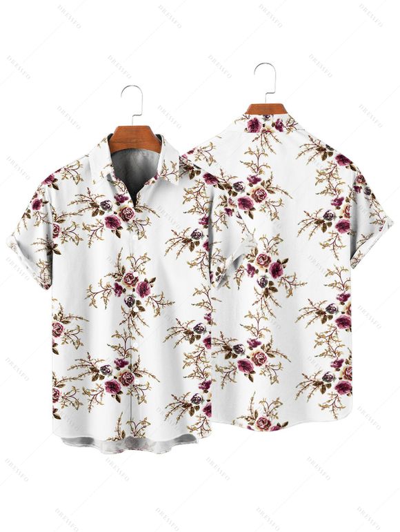 Chemise Décontractée Motif de Feuille et de Fleur à Manches Roulées Boutonnée pour Homme - Blanc 3XL
