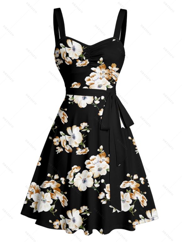 Vacation Couple Outfit Allover Floral Pattern Ruched Bust Belt Sweetheart Neck A Line Mini Dress and Roll Up Sleeve Shirt Matching Outfit - Noir S | US 4