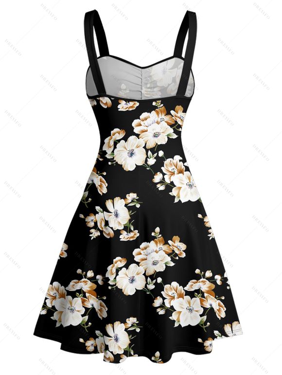 Vacation Couple Outfit Allover Floral Pattern Ruched Bust Belt Sweetheart Neck A Line Mini Dress and Roll Up Sleeve Shirt Matching Outfit - Noir S | US 4