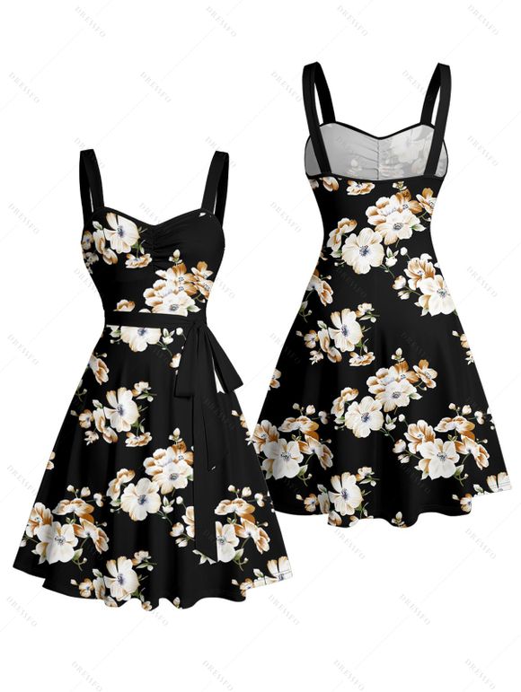Vacation Couple Outfit Allover Floral Pattern Ruched Bust Belt Sweetheart Neck A Line Mini Dress and Roll Up Sleeve Shirt Matching Outfit - Noir S | US 4