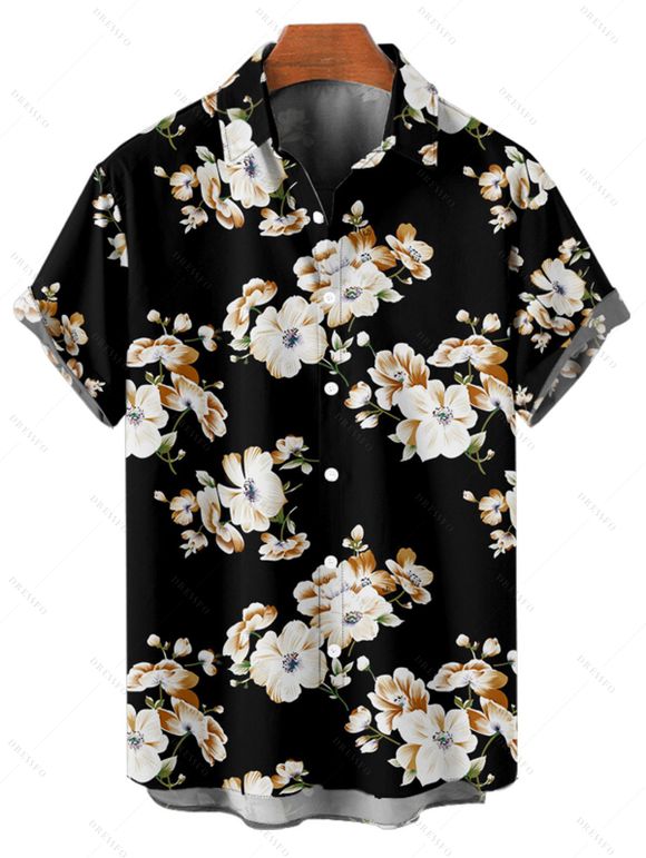 Vacation Couple Outfit Allover Floral Pattern Ruched Bust Belt Sweetheart Neck A Line Mini Dress and Roll Up Sleeve Shirt Matching Outfit - Noir S | US 4