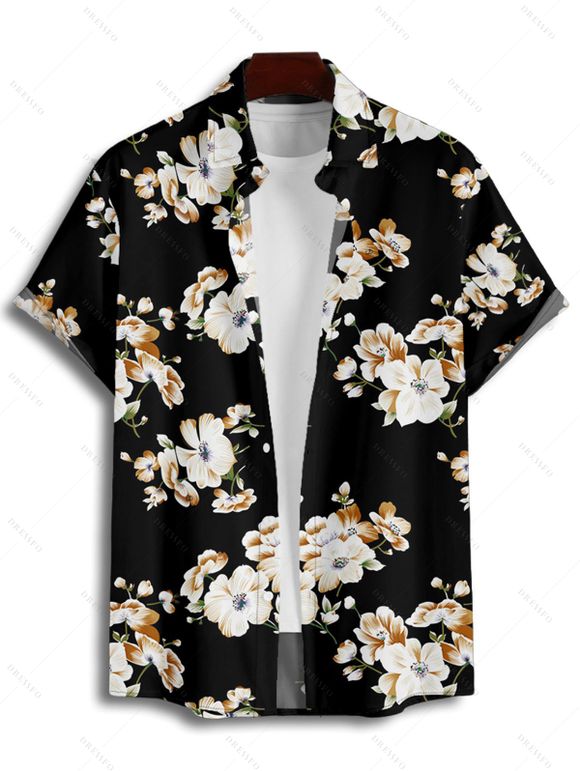 Vacation Couple Outfit Allover Floral Pattern Ruched Bust Belt Sweetheart Neck A Line Mini Dress and Roll Up Sleeve Shirt Matching Outfit - Noir S | US 4
