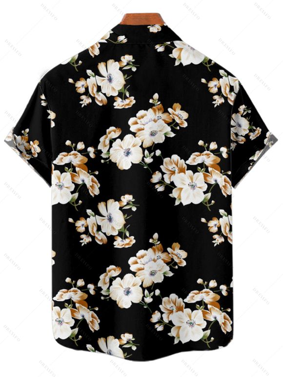 Vacation Couple Outfit Allover Floral Pattern Ruched Bust Belt Sweetheart Neck A Line Mini Dress and Roll Up Sleeve Shirt Matching Outfit - Noir S | US 4