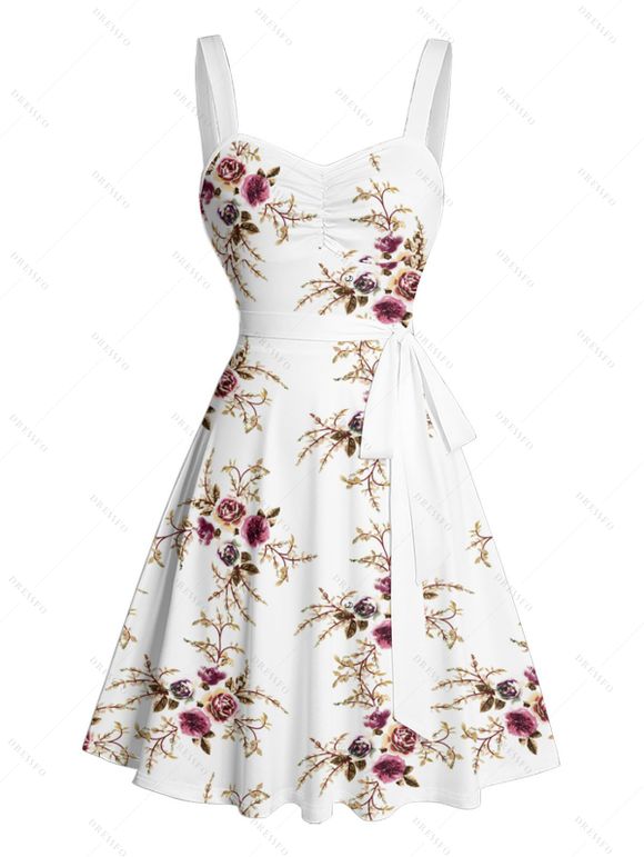 Vacation Couple Outfit Allover Floral Leaf Pattern Ruched Bust Belt Sweetheart Neck A Line Mini Dress and Roll Up Sleeve Shirt Matching Outfit - Blanc S | US 4