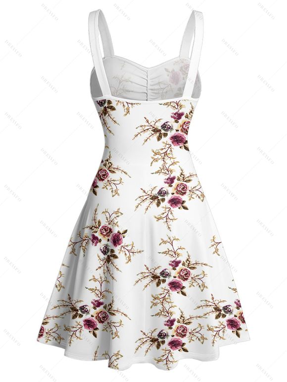 Vacation Couple Outfit Allover Floral Leaf Pattern Ruched Bust Belt Sweetheart Neck A Line Mini Dress and Roll Up Sleeve Shirt Matching Outfit - Blanc S | US 4