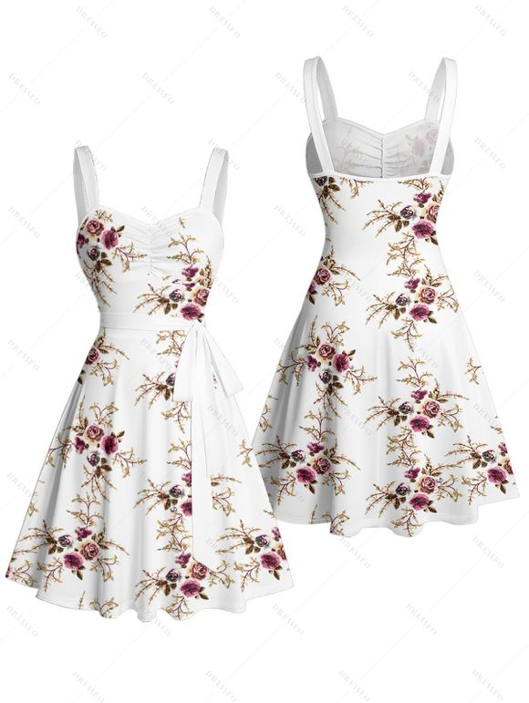 Vacation Couple Outfit Allover Floral Leaf Pattern Ruched Bust Belt Sweetheart Neck A Line Mini Dress and Roll Up Sleeve Shirt Matching Outfit - Blanc S | US 4