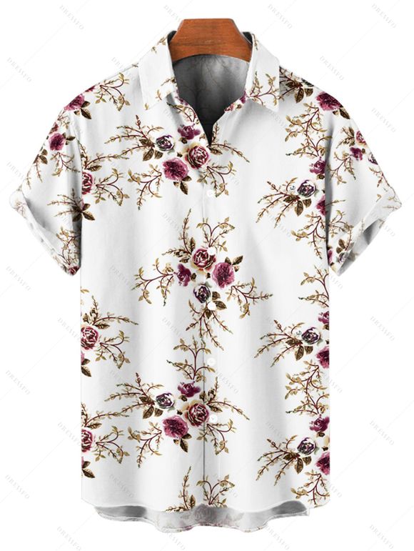 Vacation Couple Outfit Allover Floral Leaf Pattern Ruched Bust Belt Sweetheart Neck A Line Mini Dress and Roll Up Sleeve Shirt Matching Outfit - Blanc S | US 4