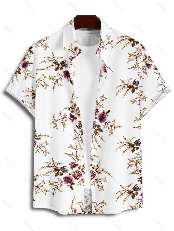 Vacation Couple Outfit Allover Floral Leaf Pattern Ruched Bust Belt Sweetheart Neck A Line Mini Dress and Roll Up Sleeve Shirt Matching Outfit - Blanc S | US 4