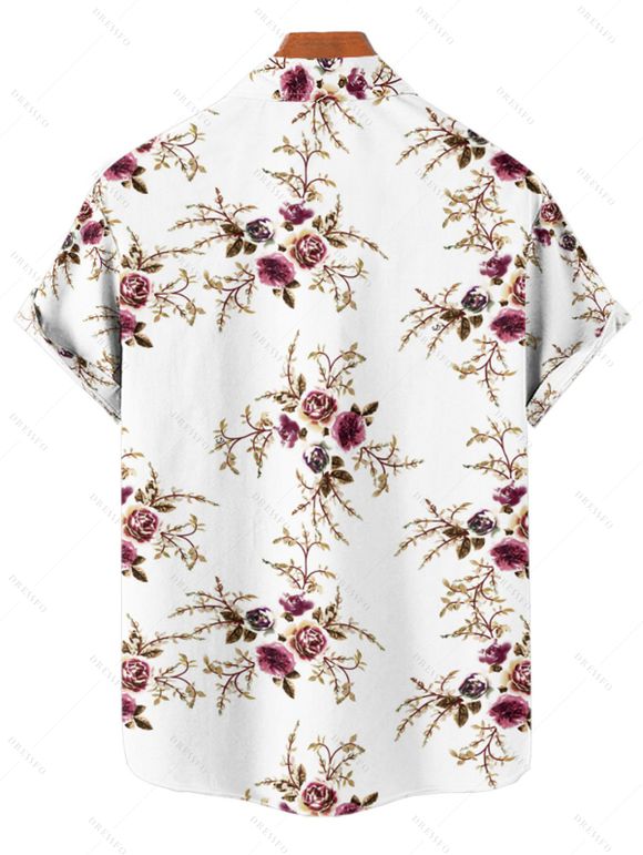 Vacation Couple Outfit Allover Floral Leaf Pattern Ruched Bust Belt Sweetheart Neck A Line Mini Dress and Roll Up Sleeve Shirt Matching Outfit - Blanc S | US 4