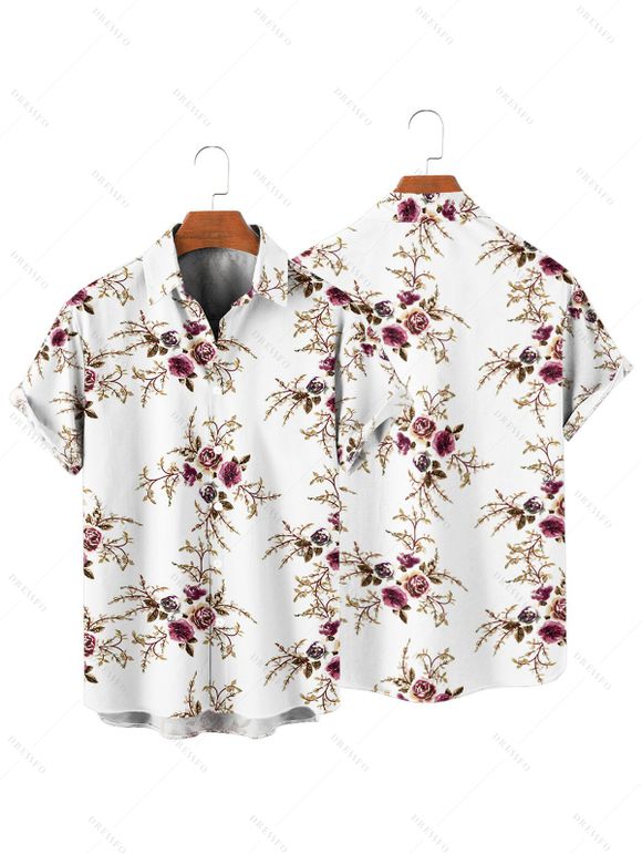 Vacation Couple Outfit Allover Floral Leaf Pattern Ruched Bust Belt Sweetheart Neck A Line Mini Dress and Roll Up Sleeve Shirt Matching Outfit - Blanc S | US 4