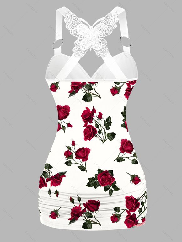 Casual Outfit Rose Pattern Ruched Butterfly Lace O Ring Surplice Tank Top and Solid Color Roll Up Capri Pants Two Piece Set - Blanc S | US 4