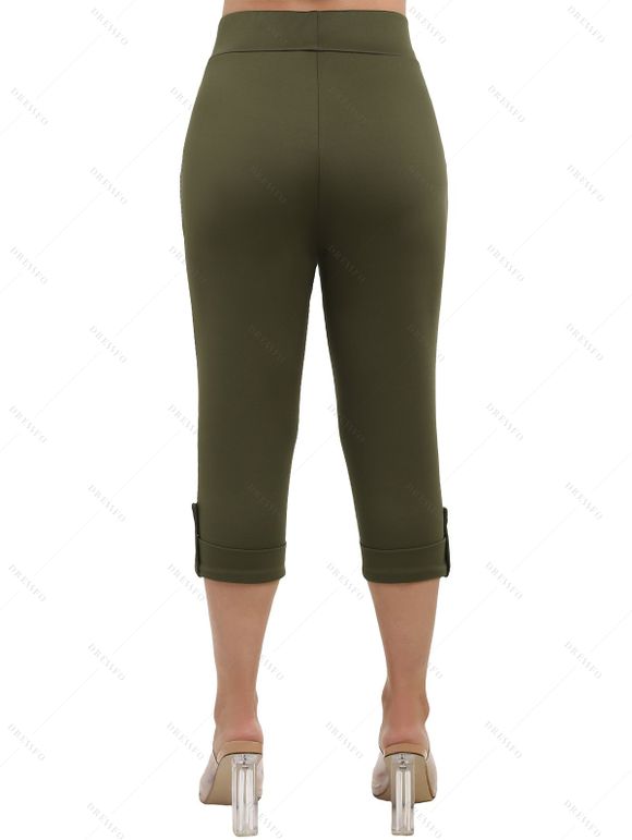 Casual Outfit Butterfly Sunflower Leaf Print Lace O Ring Strap Ruched Surplice Long Tank Top and Solid Color Roll Up Capri Pants Two Piece Set - Jaune S | US 4