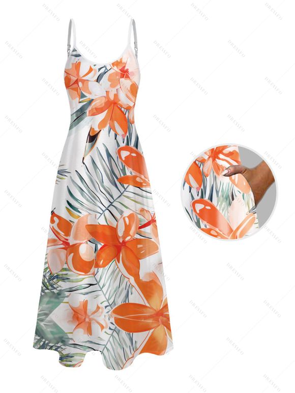 Vacation Couple Outfit Tropical Leaf Flower Pattern Spaghetti Strap Pocket Dress and Roll Up Sleeve Shirt Solid Color Drawstrings Beach Shorts Matching Outfit - Orange S | US 4