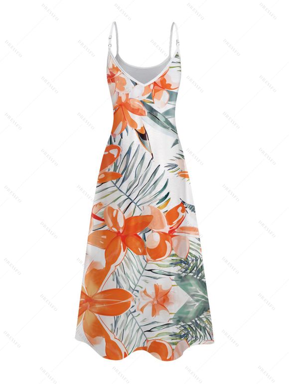 Vacation Couple Outfit Tropical Leaf Flower Pattern Spaghetti Strap Pocket Dress and Roll Up Sleeve Shirt Solid Color Drawstrings Beach Shorts Matching Outfit - Orange S | US 4