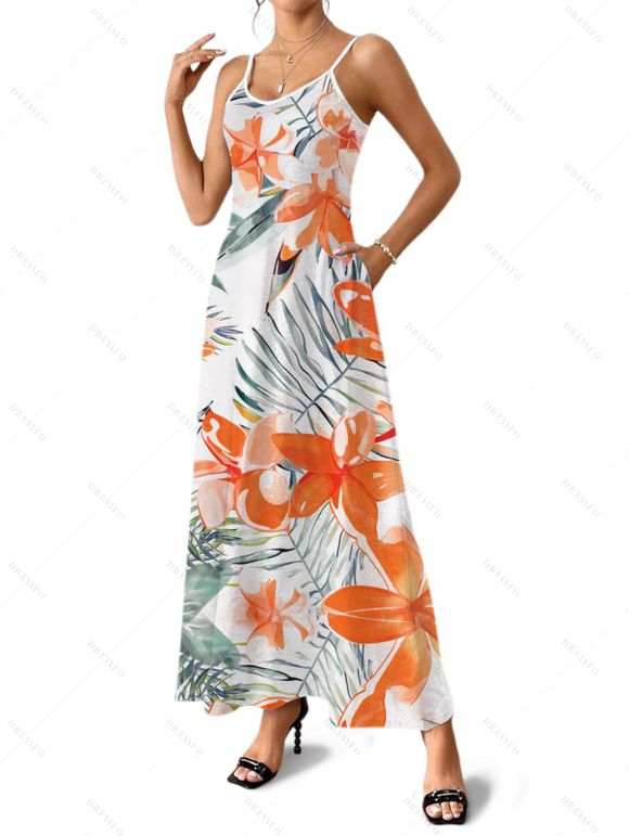 Robe de Plage Longue Ligne A Motif de Fleur Tropicale à Bretelle Fine avec Poche - Orange XL | US 12