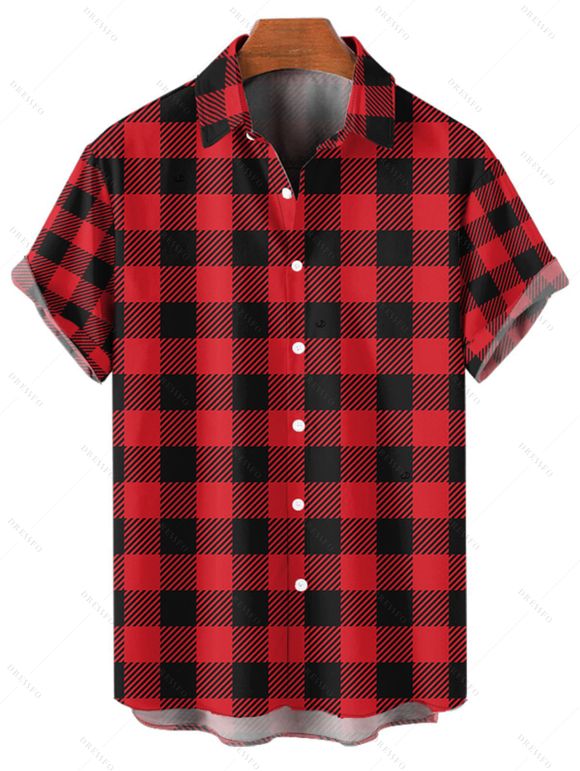 Chemise Décontractée Vintage Boutonnée à Carreaux Imprimé à Manches Roulées - Rouge foncé 5XL
