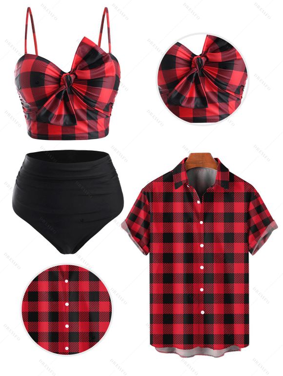 Beach Couple Outfit Tummy Control Plaid Print Bowknot Push Up Ruched Underwire Tankini Swimwear and Roll Up Sleeve Shirt Matching Outfit - Noir S | US 4