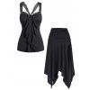Solid Color Outfit See Thru Lace Panel Ruffle Tank Top and Ruched Slit Asymmetrical Hem Skirt Two Piece Set - BLACK S | US 4