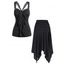 Solid Color Outfit See Thru Lace Panel Ruffle Tank Top and Ruched Slit Asymmetrical Hem Skirt Two Piece Set - BLACK S | US 4
