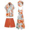Vacation Couple Outfit Tropical Leaf Flower Pattern Spaghetti Strap Pocket Dress and Roll Up Sleeve Shirt Solid Color Drawstrings Beach Shorts Matching Outfit - Orange S | US 4