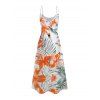 Vacation Couple Outfit Tropical Leaf Flower Pattern Spaghetti Strap Pocket Dress and Roll Up Sleeve Shirt Solid Color Drawstrings Beach Shorts Matching Outfit - Orange S | US 4