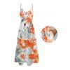 Vacation Couple Outfit Tropical Leaf Flower Pattern Spaghetti Strap Pocket Dress and Roll Up Sleeve Shirt Solid Color Drawstrings Beach Shorts Matching Outfit - Orange S | US 4