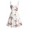 Vacation Couple Outfit Allover Floral Leaf Pattern Ruched Bust Belt Sweetheart Neck A Line Mini Dress and Roll Up Sleeve Shirt Matching Outfit - Blanc S | US 4