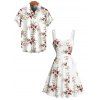 Vacation Couple Outfit Allover Floral Leaf Pattern Ruched Bust Belt Sweetheart Neck A Line Mini Dress and Roll Up Sleeve Shirt Matching Outfit - Blanc S | US 4