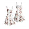 Vacation Couple Outfit Allover Floral Leaf Pattern Ruched Bust Belt Sweetheart Neck A Line Mini Dress and Roll Up Sleeve Shirt Matching Outfit - Blanc S | US 4