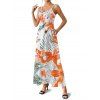 Vacation Couple Outfit Tropical Leaf Flower Pattern Spaghetti Strap Pocket Dress and Roll Up Sleeve Shirt Solid Color Drawstrings Beach Shorts Matching Outfit - Orange S | US 4