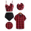 Beach Couple Outfit Tummy Control Plaid Print Bowknot Push Up Ruched Underwire Tankini Swimwear and Roll Up Sleeve Shirt Matching Outfit - Noir S | US 4