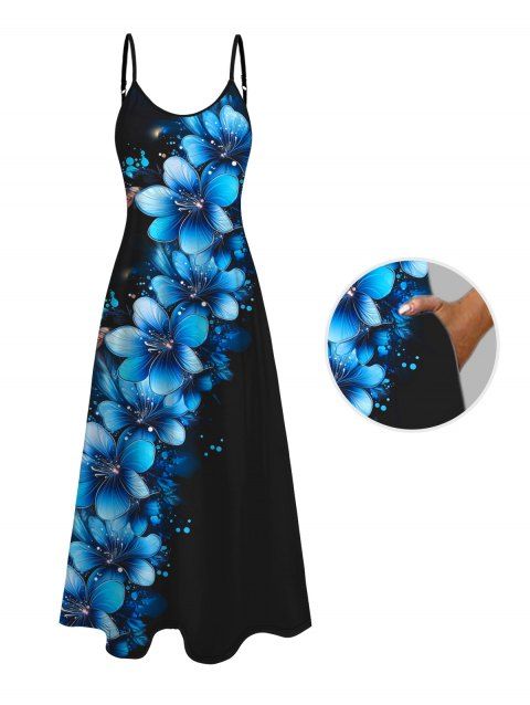 Dots Floral Pattern Vacation Dress Pocket Spaghetti Strap A Line Casual Tank Dress