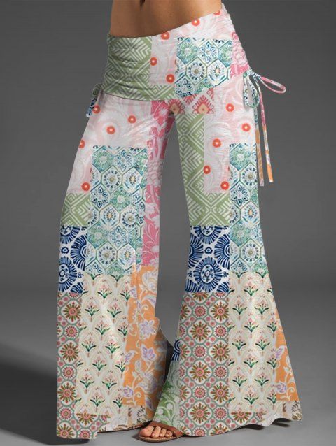 Vacation Floral Patternblock Print Wide Leg Pants Cinched Foldover Elastic Waist Loose Pants