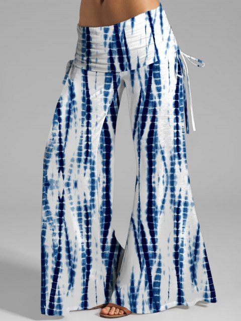 Vacation Tie Dye Print Wide Leg Pants Cinched Foldover Elastic Waist Loose Pants