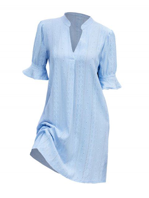 Plain Color Geometric Textured Hollow Out Dress Stand Collar V Notched Bell Sleeves A Line Mini Dress